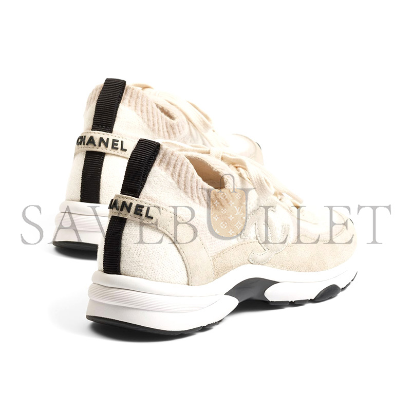 Ch*el white knit fabric and suede cc lace up sneakers g38750